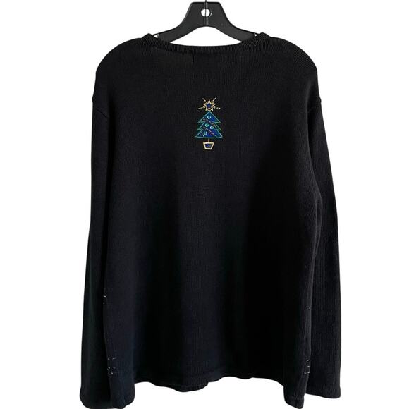 Basic Editions Christmas Cardigan Sweater Black Festive Tree Embroidered XL - Picture 2 of 9